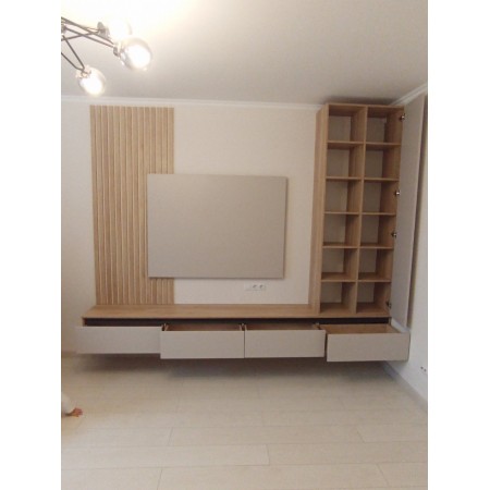 Mobilă living modernă cu iluminare LED integrată, design elegant și spații de depozitare pentru living contemporan